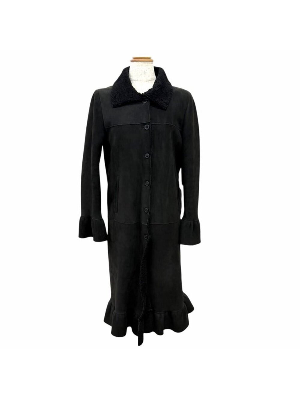 Miu Miu Vintage Lambskin Flare Design Long Shearling Coat Black 40